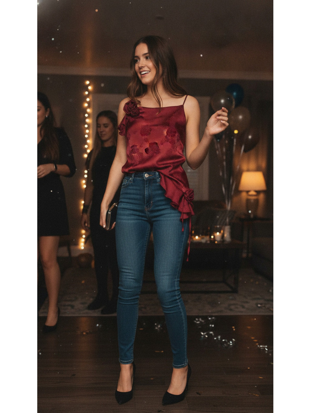 Tinseltown Holiday Luxe Burgundy Satin Floral Slip Dress